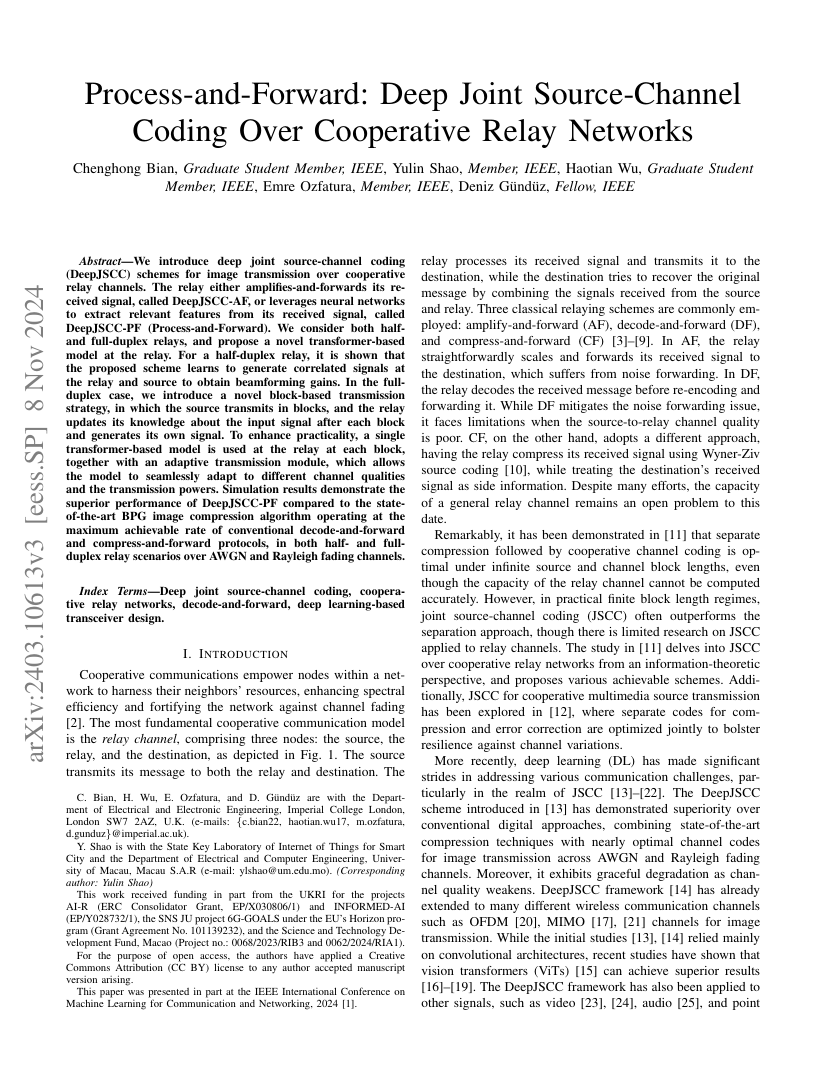 Process-and-Forward: Deep Joint Source-Channel Coding Over Cooperative Relay Networks 架构/方法页