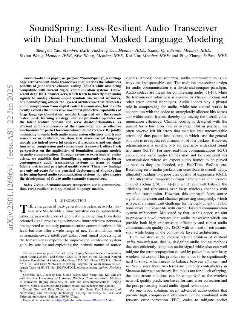 SoundSpring: Loss-Resilient Audio Transceiver With Dual-Functional Masked Language Modeling 架构/方法页