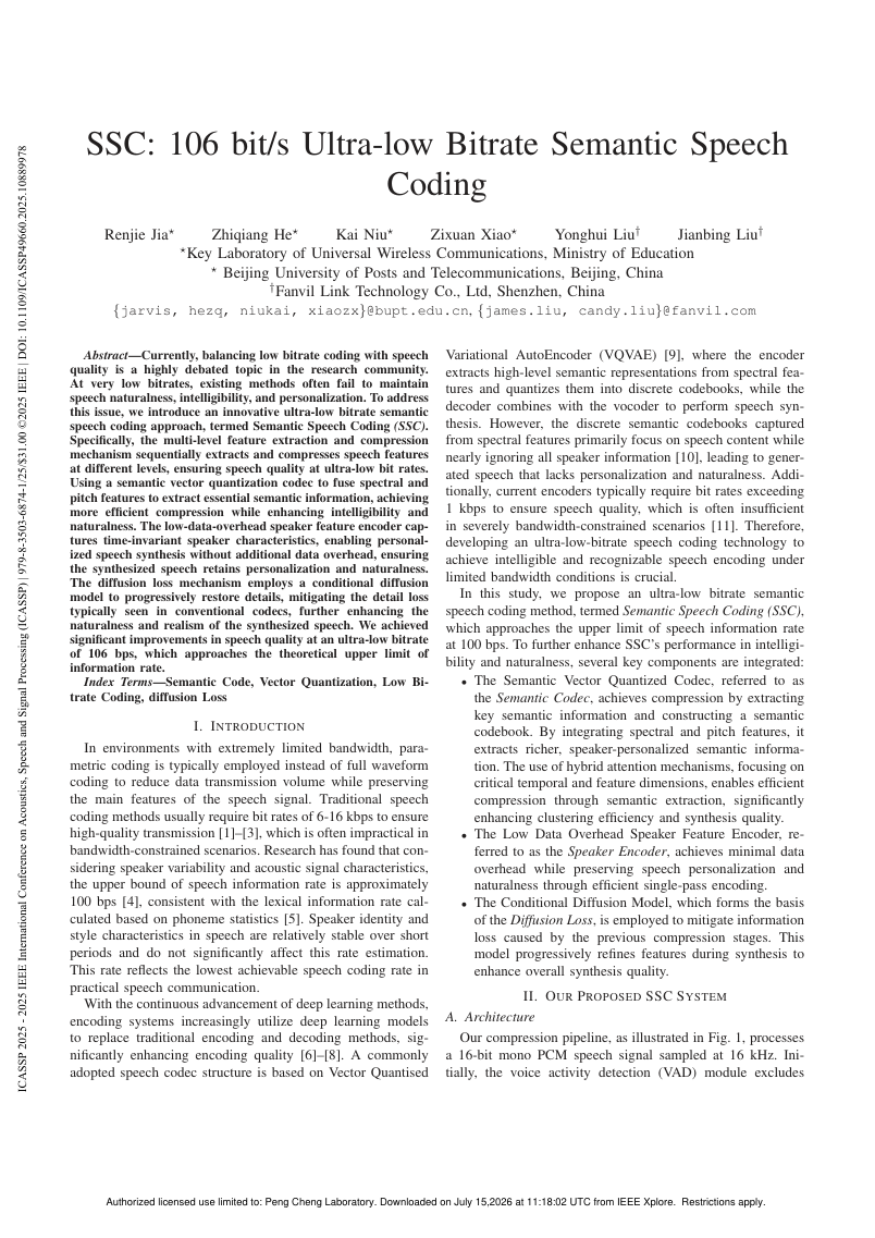 SSC: 106 bit/s Ultra-low Bitrate Semantic Speech Coding 架构/方法页