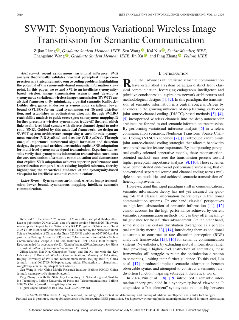 SVWIT: Synonymous Variational Wireless Image Transmission for Semantic Communication 架构/方法页