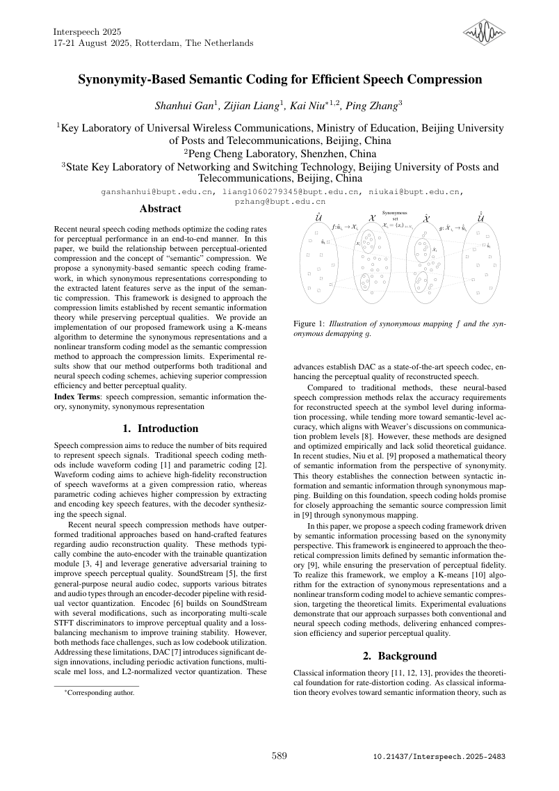Synonymity-Based Semantic Coding for Efficient Speech Compression 架构/方法页