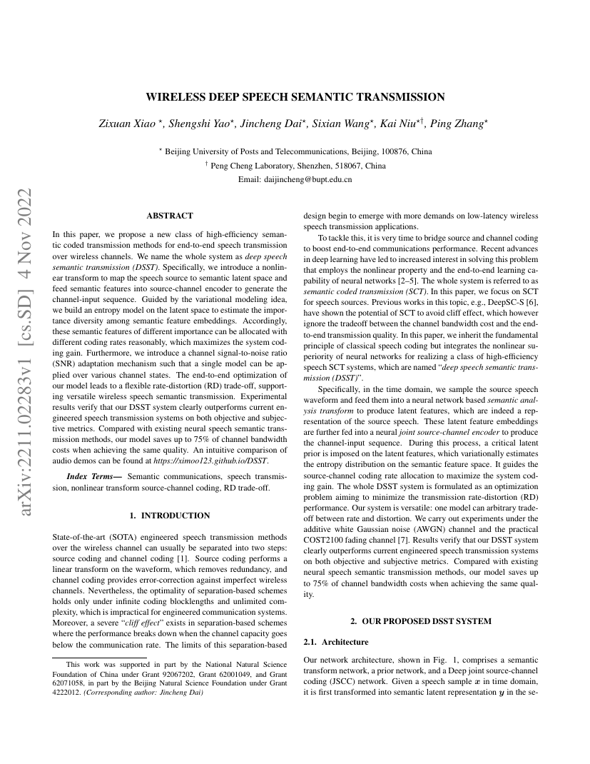 Wireless Deep Speech Semantic Transmission 架构/方法页