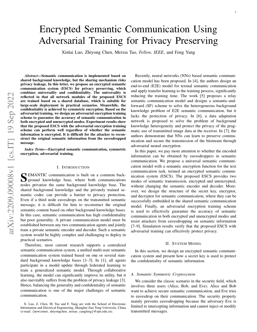Encrypted Semantic Communication Using Adversarial Training for Privacy Preserving 架构/方法页